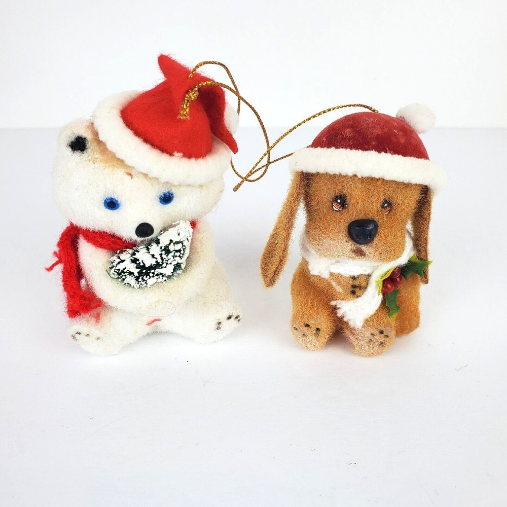 2 Vtg Morgan Inc Duffy Dog and Frosty Bear Flocked Christmas Ornaments Hong Kong
